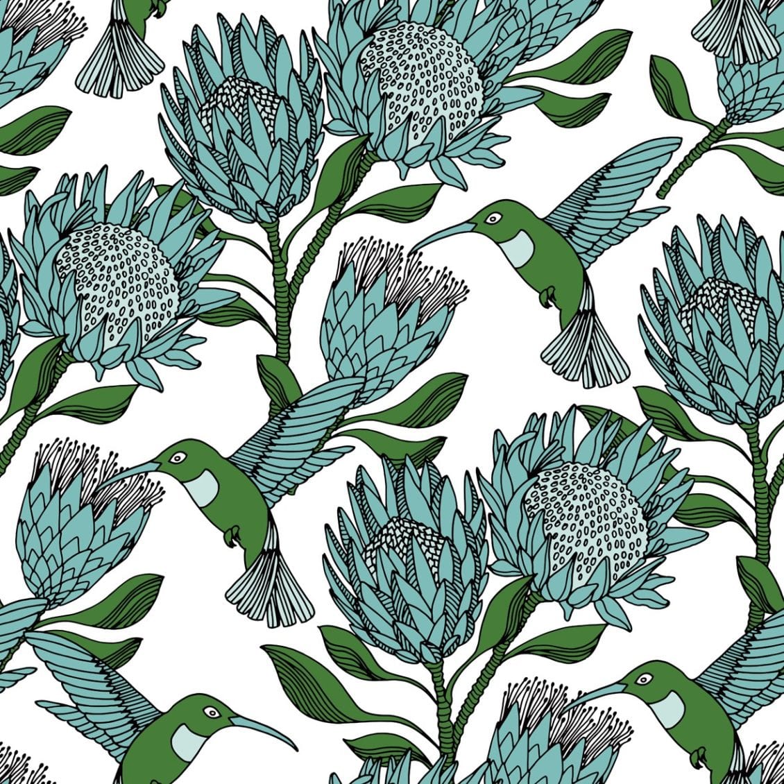 Fabric Napkins Protea Blue on White  - Set of 2