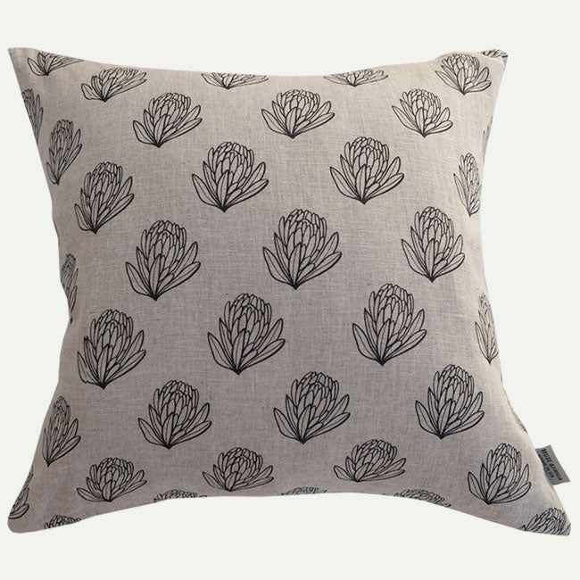 Cushion Cover - Protea Design on Natural Linen